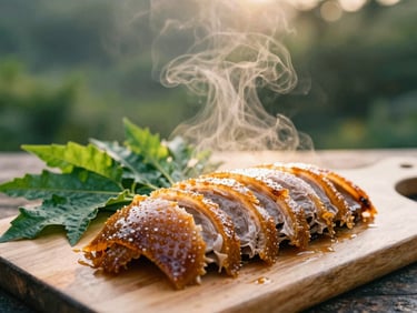 Close-up of golden crispy roasted duck skin sliced on a wooden board, steam rising, fresh mac mat leaves beside it, warm lighting