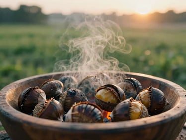 Close-up of roasted chestnuts on hot coals, steam rising, rustic wooden bowl, warm golden light