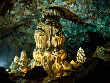 Interior of Nguom Ngao cave, dramatic lighting highlighting golden limestone stalactites shaped like lotus petals, wet stone.