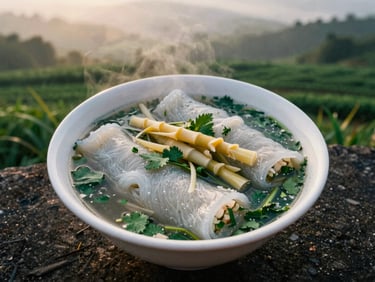 A steaming bowl of traditional Cao Bang rice noodle roll served in rich bone broth with herbs and local bamboo shoots, top-down view