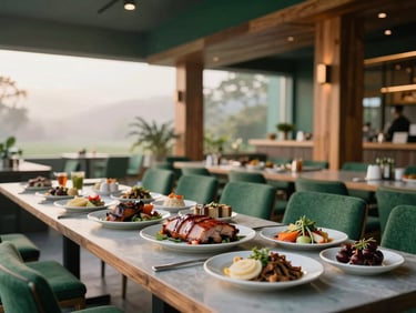 Modern clean dining hall with local wooden accents, showcasing plates of roasted pork and local delicacies on a long table