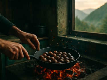 Hands roasting large brown chestnuts in a cast iron pan over hot charcoal embers, glowing sparks, rustic mountain kitchen