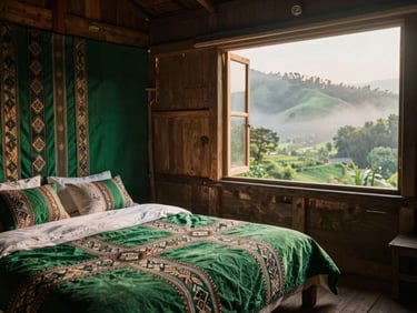 A cozy wooden stilt house interior with traditional Tay brocade fabrics on the bedding, warm morning light entering through a window looking out to green hills