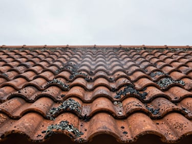 Tight wide shot of a terracotta roof with black lichen patches in the foreground under soft overcast light, a fine low-pressure water mist visible mid-air above the tiles, no people, surface texture sharp and readable