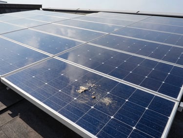 Wide environmental shot of a rooftop solar panel array, one panel visibly dusty and filmed with mineral deposits in overcast light, the adjacent panel freshly cleaned and reflecting crisp blue sky — high contrast between the two, no people, tight framing on the glass surface