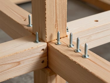 Macro shot of a heavy timber connection, showing perfectly flush joist hangers and heavy-duty galvanized structural screws driven into raw cedar.