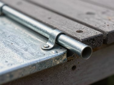 Macro close-up of galvanized steel ledger flashing and structural tension ties securing a deck ledger board to a residential foundation, sharp focus, technical detail.