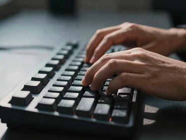 Tight macro shot of developer hands typing on a mechanical keyboard, high-contrast side-lighting, deep shadows, cool corporate tones, 35mm lens