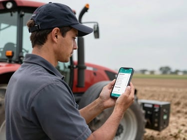 Close medium shot, farm manager standing beside a tractor logging equipment hours on an Android phone, screen showing resource tracking interface, overcast daylight, dusty field background