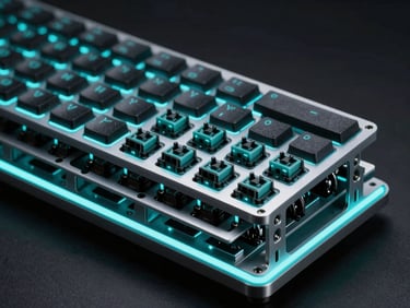 Exploded technical view of a gasket-mounted keyboard showing layers of CNC aluminum chassis, switches, and dampening foam, cyan studio lighting
