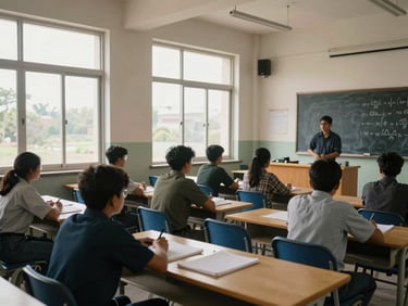Wide shot of a coaching institute classroom in Ranchi, overcast daylight through tall windows, rows of desks with students' notebooks open, blackboard with equations visible