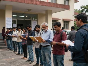 Ground-level shot of a job fair queue outside a municipal hall in Dhanbad — people standing in line with folders and documents, overcast morning light, a handwritten notice board visible at the entrance