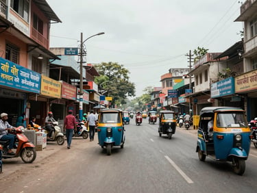Wide shot of Ranchi's Main Road commercial stretch, shops open, overcast daylight, pedestrians and two-wheelers in motion
