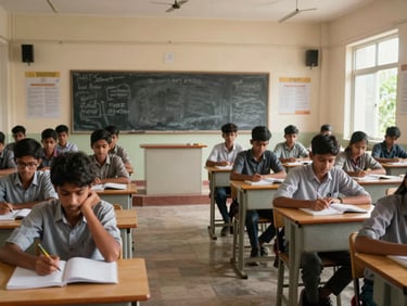 Wide shot of students seated in rows inside a classroom in Gaya, chalk-dusted blackboard visible at the front, afternoon daylight through high windows, notebooks open on desks