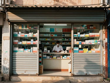 Wide environmental shot of a local pharmacy shopfront in Patna, warm afternoon light, medicine shelves visible through open shutter, pharmacist at counter in white coat, street-level framing