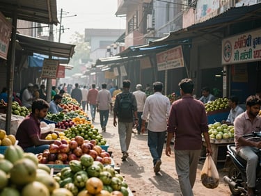 Muzaffarpur's main market lane, fruit and vegetable stalls, natural morning light, busy shoppers