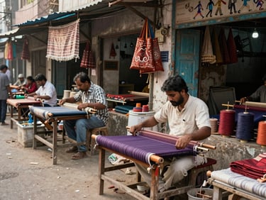 Bhagalpur's silk-market street, weavers' shops and textile stalls, soft daylight, authentic trade environment