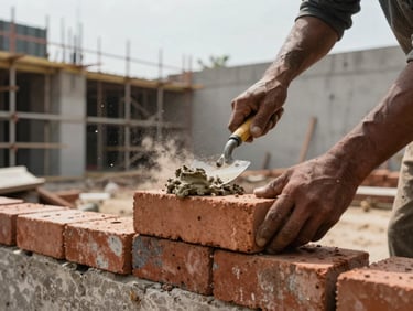 Close-up of a construction site in Ranchi — a mason's hands laying bricks at eye level, mortar trowel mid-motion, natural overcast daylight, scaffolding and a partially built wall visible in the background, dust particles caught in the light