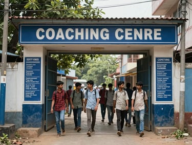 Wide environmental shot of a local coaching centre entrance in Gaya, natural daylight, students arriving at open gate, hand-painted board with subject names visible, street-level framing
