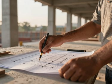 Close-up of a contractor's hands reviewing blueprints on a construction site in Dhanbad, golden hour light, concrete columns visible in background