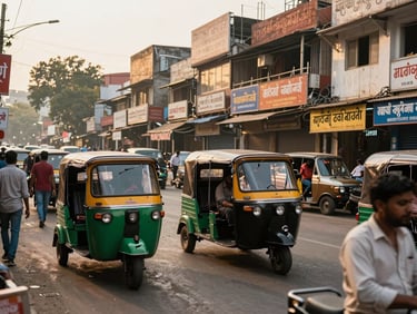Street-level view of Patna's busy Gandhi Maidan market area, auto-rickshaws and pedestrians, late afternoon golden light on shopfronts