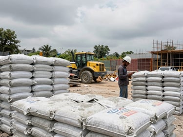 Wide environmental shot of a construction contractor's yard in Ranchi, overcast daylight, cement bags stacked, a worker in hard hat checking material, real worksite context