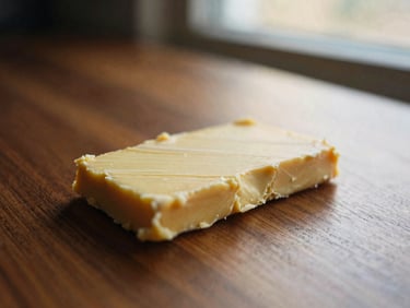 Hasselblad medium format, close-up of a golden-brown slab of raw Cocoa butter, with natural striations, on a polished dark wood surface, warm side lighting.