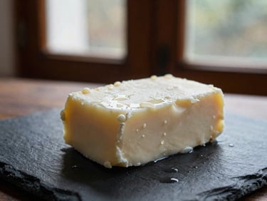 Hasselblad medium format, close-up of a smooth, white block of raw Kokum butter on a dark slate surface, with micro-droplets of glycerine dew, soft window light.