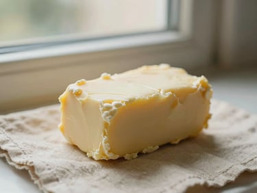 Hasselblad medium format, close-up of a large chunk of raw, unrefined Shea butter on a warm cream linen, soft window light, shallow depth of field.