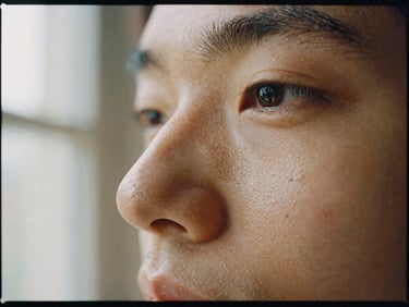 Close-up of skin texture showing natural shine around nose and forehead in soft window light, Hasselblad medium format, 35mm film grain.