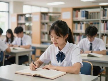 Vietnamese student in a modern university library in Bangkok, Thailand, bright natural daylight, candid moment of learning, shallow depth of field, 35mm