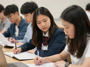 Authentic Vietnamese student studying in a modern library on an Australian university campus, bright natural daylight, warm editorial photography, shallow depth of field, 35mm