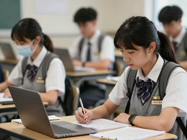 Authentic Vietnamese student studying in a modern library on an Australian university campus, bright natural daylight, warm editorial photography, shallow depth of field, 35mm