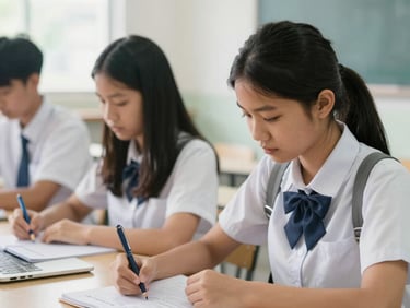 Authentic Vietnamese student collaborating with classmates in a modern classroom at a university in Bangkok, bright natural daylight, warm editorial photography, shallow depth of field, 35mm