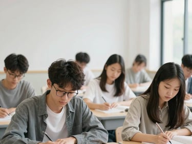 Authentic Vietnamese student collaborating with classmates in a modern classroom at a university in Bangkok, bright natural daylight, warm editorial photography, shallow depth of field, 35mm