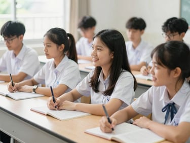 Authentic Vietnamese student collaborating with classmates in a modern classroom at a university in Bangkok, bright natural daylight, warm editorial photography, shallow depth of field, 35mm