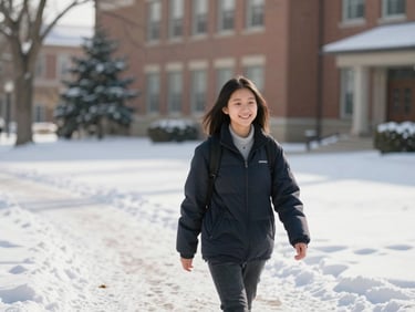 Authentic Vietnamese student walking on a snowy Canadian university campus, smiling, warm natural daylight, shallow depth of field, 35mm