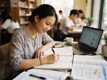 Vietnamese student sketching a world map in a notebook, surrounded by open books and a laptop, bright natural daylight, youthful and hopeful mood, shallow depth of field, 35mm.