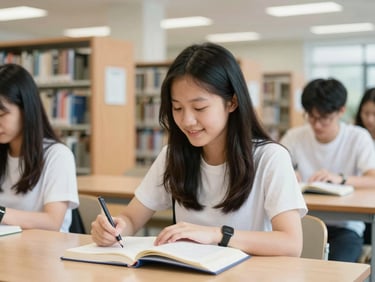 Authentic Vietnamese student studying in a modern library on an Australian university campus, bright natural daylight, warm editorial photography, shallow depth of field, 35mm