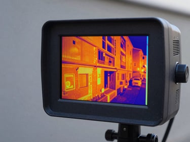 Close-up of a high-tech thermal imaging camera screen showing a detailed heat map of a wall, sharp industrial focus, high contrast slate and orange tones.