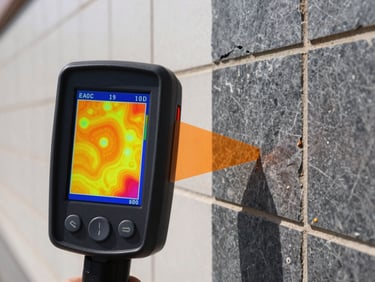 Thermal imaging camera screen showing a high-contrast heat map of water infiltration behind a tiled wall, sharp industrial focus, detailed architectural focus
