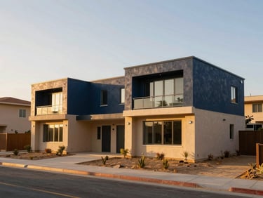 Modern residential exterior, clean lines, golden hour sunlight, architectural focus, wide environmental landscape