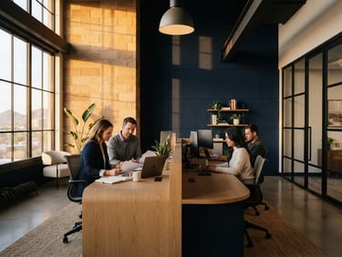 Clean modern office interior, high-contrast, professional, warm editorial lighting, deep navy and sandstone tones, sharp architectural focus