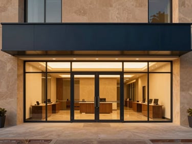 Clean modern office interior, warm interior lighting, architectural details of well-maintained properties, straight-on architectural photography