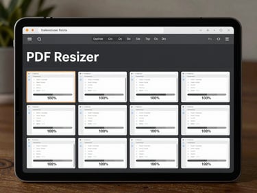 High-fidelity UI screengrab of the PDF Resizer interface, showing a clean drag-and-drop zone with a grid of 12 files processing simultaneously, progress bars at 100%, crisp monospaced typography