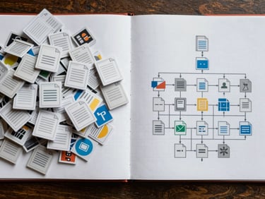 A technical vector diagram showing a messy pile of file icons on the left, connected by clean blueprint lines to a perfectly structured directory tree on the right.
