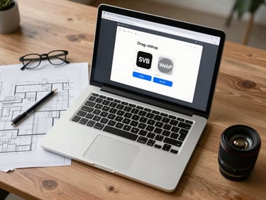 Top-down clean blueprint desk setup with a laptop showing a simple, high-fidelity drag-and-drop file conversion interface with SVG and WebP badges.