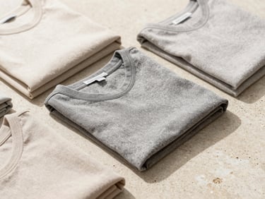 Clean flat-lay of neatly folded garment samples on a neutral stone surface, bright natural daylight.