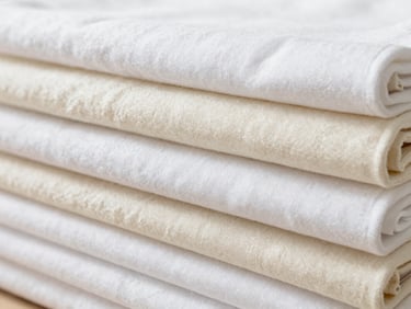Stacked bolts of white and cream combed cotton fabrics in a bright, clean warehouse, natural side light.