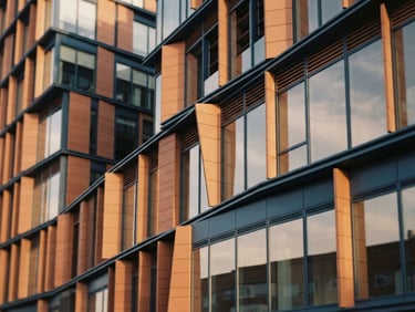Architectural detail of a modern corporate headquarters in Madrid, sharp geometric lines, morning golden hour light, editorial corporate photography style, 35mm